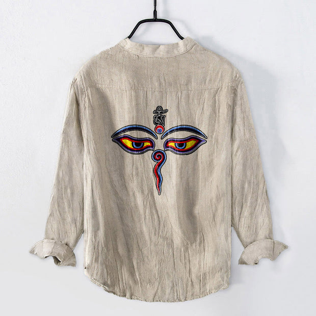 Buddha Stones Abstract Human Figure Eyes Pattern Half Buttons Men's Cotton Linen Long Sleeve Shirt - image 4