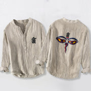 Buddha Stones Abstract Human Figure Eyes Pattern Half Buttons Men's Cotton Linen Long Sleeve Shirt - Linen - US/UK/AU50，EU60 (5XL) - image 3