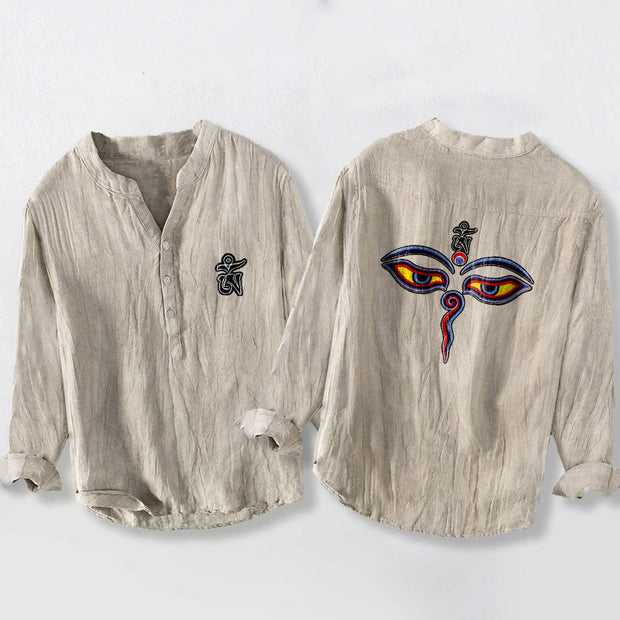 Buddha Stones Abstract Human Figure Eyes Pattern Half Buttons Men's Cotton Linen Long Sleeve Shirt - Linen - US/UK/AU50，EU60 (5XL) - image 3