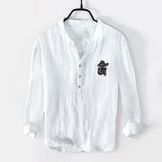 Buddha Stones Abstract Human Figure Eyes Pattern Half Buttons Men's Cotton Linen Long Sleeve Shirt - image 7