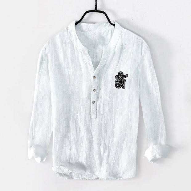 Buddha Stones Abstract Human Figure Eyes Pattern Half Buttons Men's Cotton Linen Long Sleeve Shirt - image 7