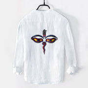 Buddha Stones Abstract Human Figure Eyes Pattern Half Buttons Men's Cotton Linen Long Sleeve Shirt - image 8