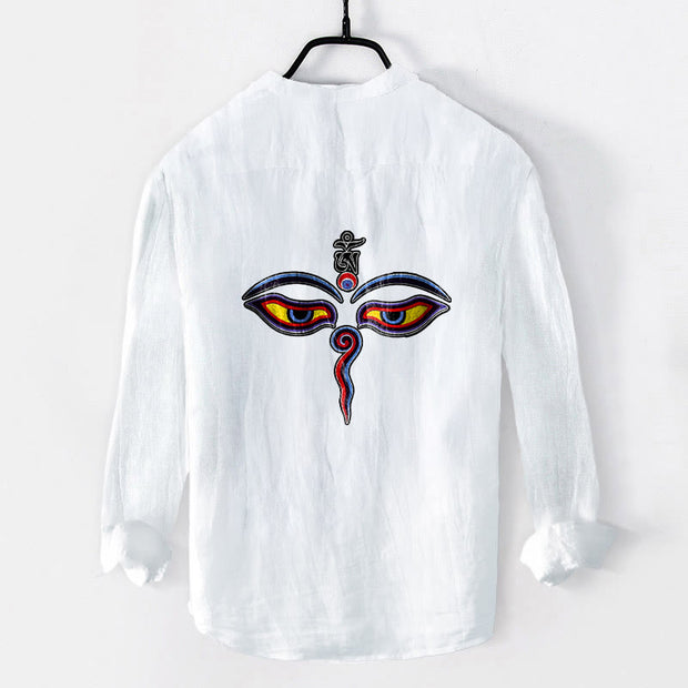 Buddha Stones Abstract Human Figure Eyes Pattern Half Buttons Men's Cotton Linen Long Sleeve Shirt - image 8