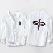 Buddha Stones Abstract Human Figure Eyes Pattern Half Buttons Men's Cotton Linen Long Sleeve Shirt - White - US/UK/AU50，EU60 (5XL) - image 6