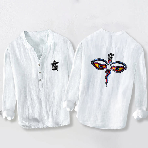 Buddha Stones Abstract Human Figure Eyes Pattern Half Buttons Men's Cotton Linen Long Sleeve Shirt - White - US/UK/AU50，EU60 (5XL) - image 6