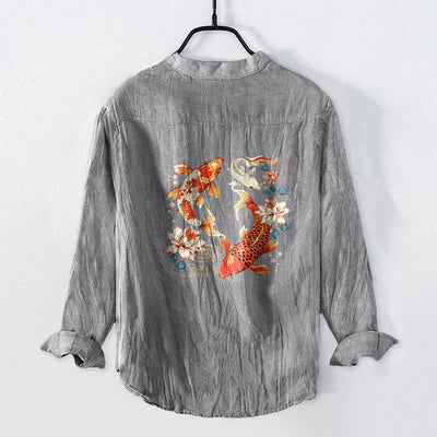 Buddha Stones Bright Koi Fish Lotus Pattern Half Buttons Men's Cotton Linen Long Sleeve Shirt - Gray - US/UK/AU50，EU60 (5XL) - image 0