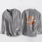 Buddha Stones Bright Koi Fish Lotus Pattern Half Buttons Men's Cotton Linen Long Sleeve Shirt - image 2