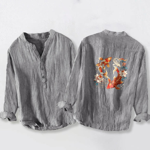 Buddha Stones Bright Koi Fish Lotus Pattern Half Buttons Men's Cotton Linen Long Sleeve Shirt - image 2