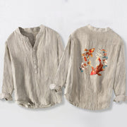 Buddha Stones Bright Koi Fish Lotus Pattern Half Buttons Men's Cotton Linen Long Sleeve Shirt - image 5