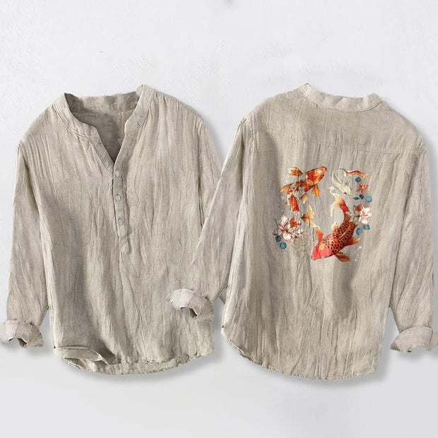 Buddha Stones Bright Koi Fish Lotus Pattern Half Buttons Men's Cotton Linen Long Sleeve Shirt - image 5