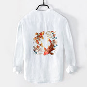 Buddha Stones Bright Koi Fish Lotus Pattern Half Buttons Men's Cotton Linen Long Sleeve Shirt - White - US/UK/AU50，EU60 (5XL) - image 6