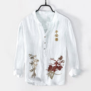 Buddha Stones Chinese Characters Pine Bamboo Half Buttons Men's Cotton Linen Long Sleeve Shirt - White - US/UK/AU50，EU60 (5XL) - image 0