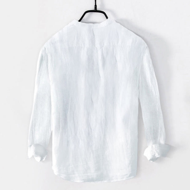 Buddha Stones Chinese Characters Pine Bamboo Half Buttons Men's Cotton Linen Long Sleeve Shirt - image 1