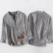 Buddha Stones Chinese Characters Pine Bamboo Half Buttons Men's Cotton Linen Long Sleeve Shirt - image 8