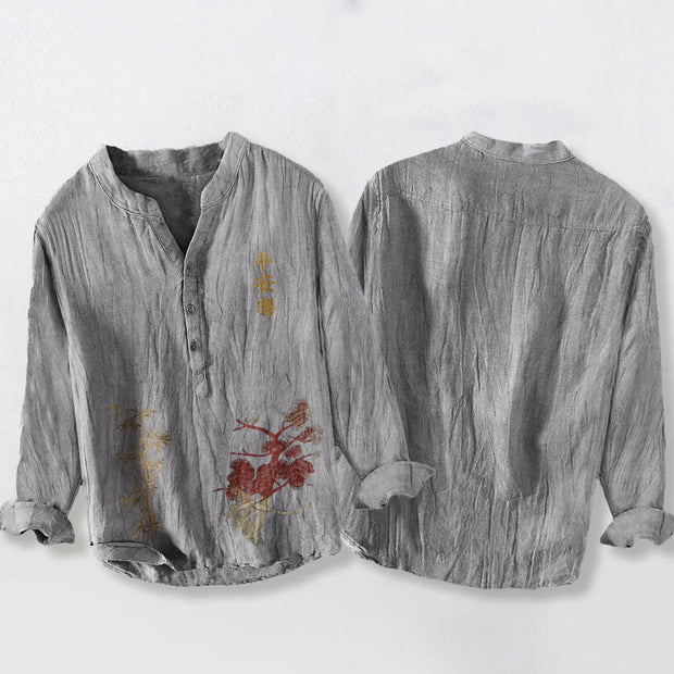 Buddha Stones Chinese Characters Pine Bamboo Half Buttons Men's Cotton Linen Long Sleeve Shirt - image 8