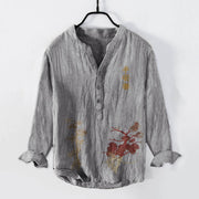 Buddha Stones Chinese Characters Pine Bamboo Half Buttons Men's Cotton Linen Long Sleeve Shirt - Gray - US/UK/AU50，EU60 (5XL) - image 6