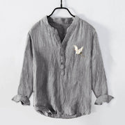 Buddha Stones Red Sun Mountain Crane Pattern Half Buttons Men's Cotton Linen Long Sleeve Shirt - image 1