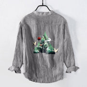 Buddha Stones Red Sun Mountain Crane Pattern Half Buttons Men's Cotton Linen Long Sleeve Shirt - image 2