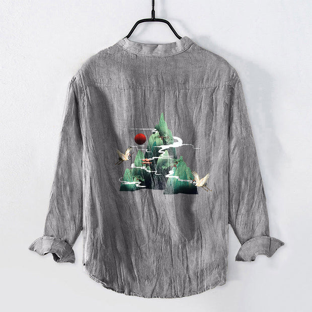 Buddha Stones Red Sun Mountain Crane Pattern Half Buttons Men's Cotton Linen Long Sleeve Shirt - image 2