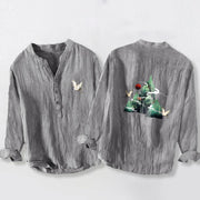 Buddha Stones Red Sun Mountain Crane Pattern Half Buttons Men's Cotton Linen Long Sleeve Shirt - Gray - US/UK/AU50，EU60 (5XL) - image 0