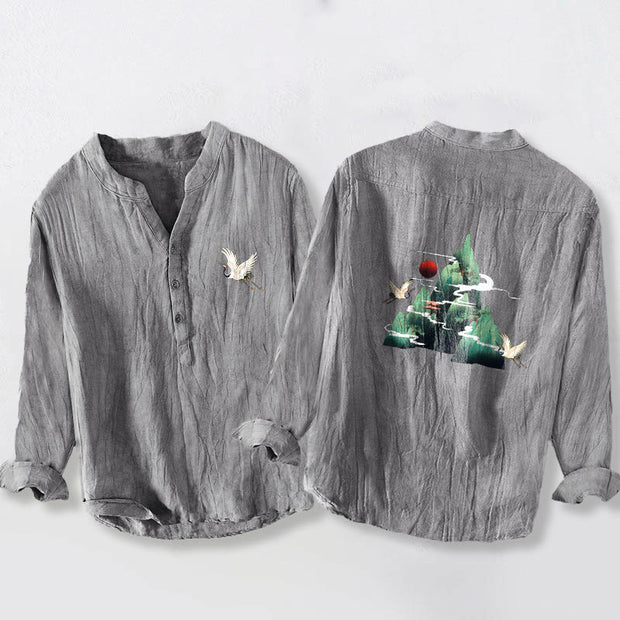 Buddha Stones Red Sun Mountain Crane Pattern Half Buttons Men's Cotton Linen Long Sleeve Shirt - Gray - US/UK/AU50，EU60 (5XL) - image 0