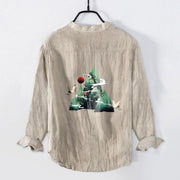 Buddha Stones Red Sun Mountain Crane Pattern Half Buttons Men's Cotton Linen Long Sleeve Shirt - image 5