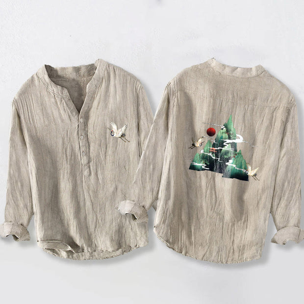 Buddha Stones Red Sun Mountain Crane Pattern Half Buttons Men's Cotton Linen Long Sleeve Shirt - Linen - US/UK/AU50，EU60 (5XL) - image 3