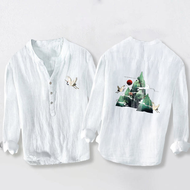 Buddha Stones Red Sun Mountain Crane Pattern Half Buttons Men's Cotton Linen Long Sleeve Shirt - White - US/UK/AU50，EU60 (5XL) - image 6