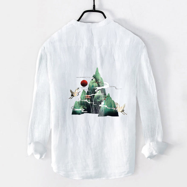 Buddha Stones Red Sun Mountain Crane Pattern Half Buttons Men's Cotton Linen Long Sleeve Shirt - image 8