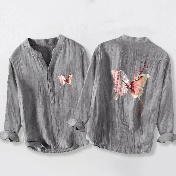 Buddha Stones Butterfly Peach Blossoms Pattern Half Buttons Men's Cotton Linen Long Sleeve Shirt - Gray - US/UK/AU50，EU60 (5XL) - image 0