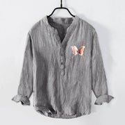 Buddha Stones Butterfly Peach Blossoms Pattern Half Buttons Men's Cotton Linen Long Sleeve Shirt - image 1
