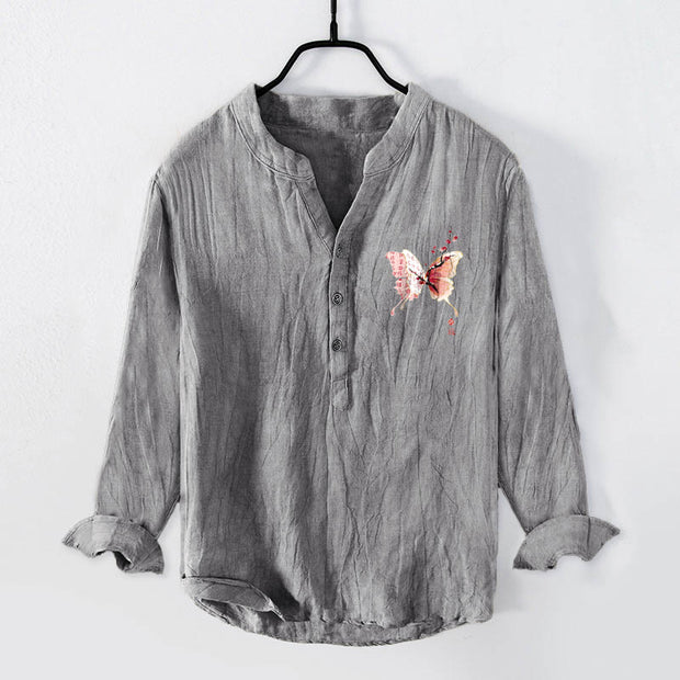 Buddha Stones Butterfly Peach Blossoms Pattern Half Buttons Men's Cotton Linen Long Sleeve Shirt - image 1