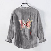 Buddha Stones Butterfly Peach Blossoms Pattern Half Buttons Men's Cotton Linen Long Sleeve Shirt - image 2