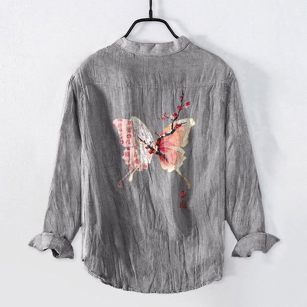 Buddha Stones Butterfly Peach Blossoms Pattern Half Buttons Men's Cotton Linen Long Sleeve Shirt - image 2
