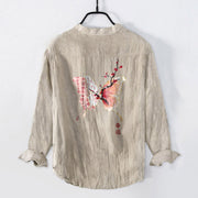 Buddha Stones Butterfly Peach Blossoms Pattern Half Buttons Men's Cotton Linen Long Sleeve Shirt - image 5