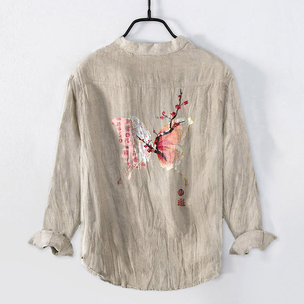 Buddha Stones Butterfly Peach Blossoms Pattern Half Buttons Men's Cotton Linen Long Sleeve Shirt - image 5