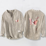 Buddha Stones Butterfly Peach Blossoms Pattern Half Buttons Men's Cotton Linen Long Sleeve Shirt - Linen - US/UK/AU50，EU60 (5XL) - image 3