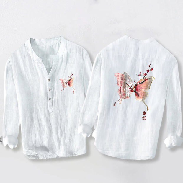 Buddha Stones Butterfly Peach Blossoms Pattern Half Buttons Men's Cotton Linen Long Sleeve Shirt - White - US/UK/AU50，EU60 (5XL) - image 6