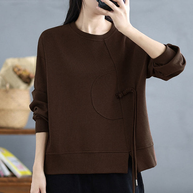 Buddha Stones Plain Frog-button Design Crew Neck Cotton Women's Long Sleeve Sweatshirt - image 5