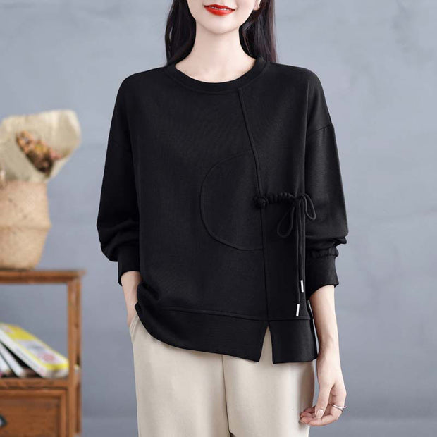 Buddha Stones Plain Frog-button Design Crew Neck Cotton Women's Long Sleeve Sweatshirt - Black - US12，UK/AU16，EU44 (3XL) - image 16