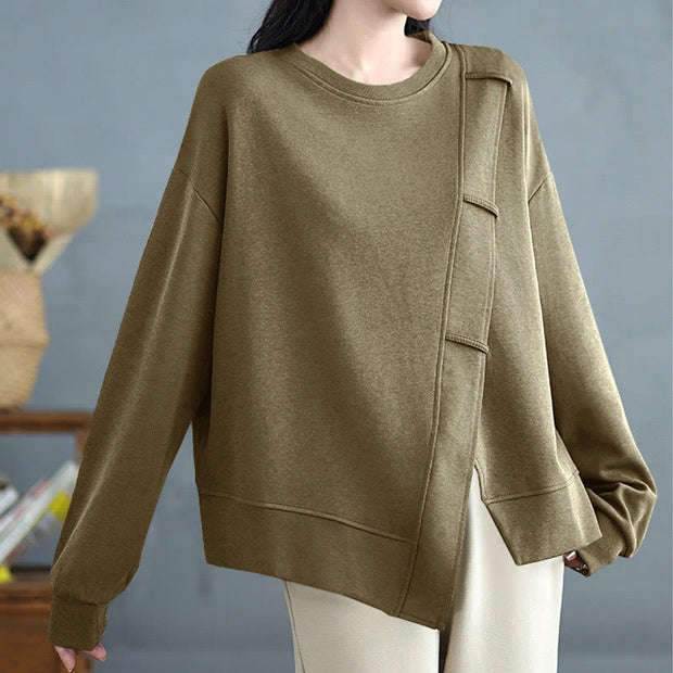 Buddha Stones Fall Solid Color Asymmetrical Design Crew Neck Long Sleeve Women's Cotton Sweatshirt - image 18