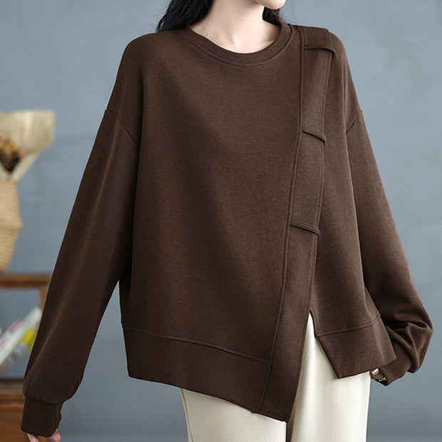 Buddha Stones Fall Solid Color Asymmetrical Design Crew Neck Long Sleeve Women's Cotton Sweatshirt - image 4