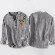 Buddha Stones Elegant Orange Tree Pattern Half Buttons Men's Cotton Linen Long Sleeve Shirt - image 8