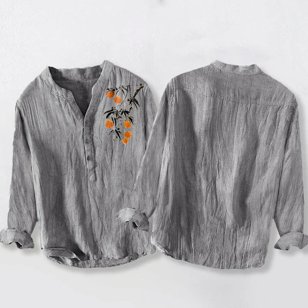 Buddha Stones Elegant Orange Tree Pattern Half Buttons Men's Cotton Linen Long Sleeve Shirt - image 8