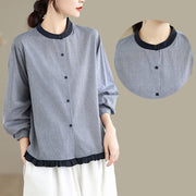 Buddha Stones Fall Plaid Striped Pattern Ruffled Hem Buttons Women's Cotton Long Sleeve Shirt - image 13