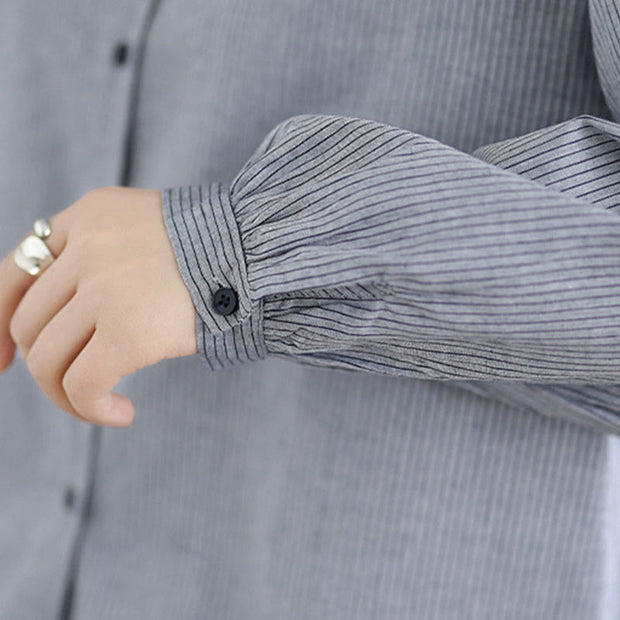 Buddha Stones Fall Plaid Striped Pattern Ruffled Hem Buttons Women's Cotton Long Sleeve Shirt - image 18