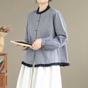 Buddha Stones Fall Plaid Striped Pattern Ruffled Hem Buttons Women's Cotton Long Sleeve Shirt - image 12