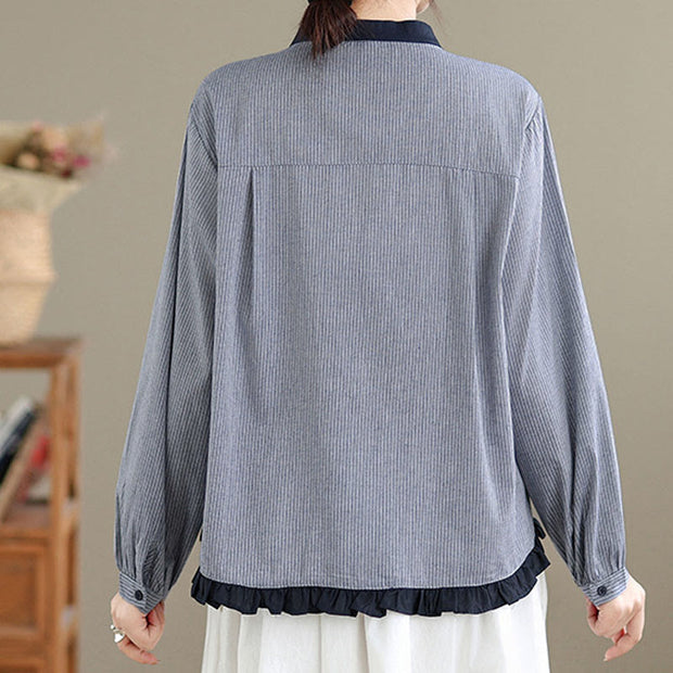 Buddha Stones Fall Plaid Striped Pattern Ruffled Hem Buttons Women's Cotton Long Sleeve Shirt - image 11