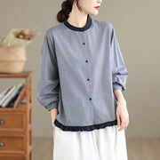 Buddha Stones Fall Plaid Striped Pattern Ruffled Hem Buttons Women's Cotton Long Sleeve Shirt - Silver Striped - US8-10，UK/AU12-14，EU40-42 (2XL) - image 7