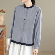 Buddha Stones Fall Plaid Striped Pattern Ruffled Hem Buttons Women's Cotton Long Sleeve Shirt - image 8